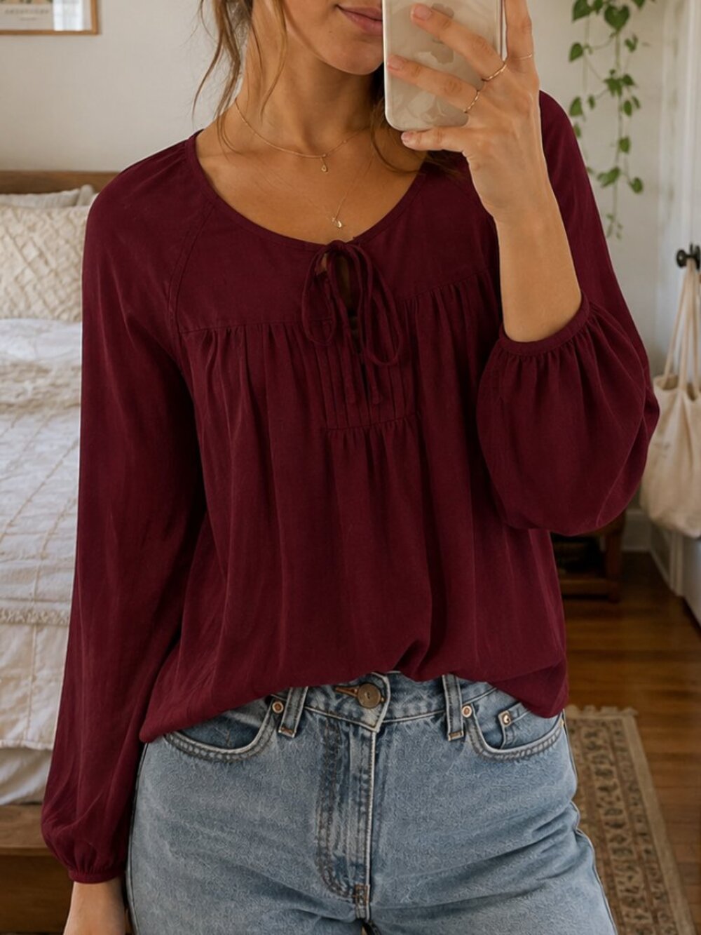 AEO Peasant Blouse M Burgundy Pintuck Tie Neck Balloon Sleeve Boho Top